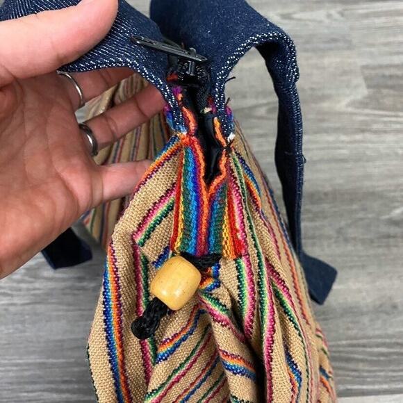 Vintage Retro Denim Handles Multi Striped Handbag w/ Zipper Closure - Picture 7 of 8